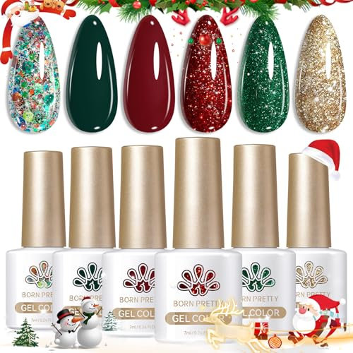 Born Pretty UV Nagellack Glitzer Christmas Rot - Shellac Gel Nagellack Rot Schwarz Grün Gold Shiny Sparkling UV Lack Maniküre und Nagelkunst DIY zu Hause