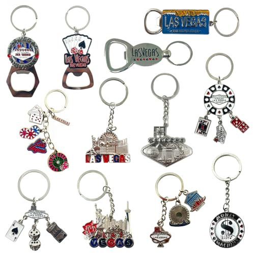 12 Pcs Las Vegas Keychain Metal Ring, 4 Bottle Openers, Poker Chip, Nevada License Plate, Casino, Dice, Slot Machine, Good Luck Charm for Gambling, Las Vegas Key Chain Souvenir, Gifts, Bundle
