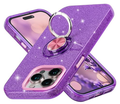 wisdompro Glitter Case for iPhone 14 Pro Max, Bling Sparkle Case with 360° Ring Kickstand for Girls Women, Cute Protective Cover for iPhone 14 Pro Max (6.7 Inch) - Purple
