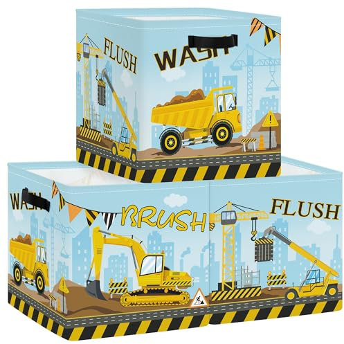 HUUMONSS 30cm Aufbewahrungsbox 3 Stück Baufahrzeuge Aufbewahrungskorb Kinder Falt Kran Bulldozer Bagger mit Griffen Aufbewahrungswürfel Organizer für Spielzeug Bücher Kleidung,Muldenkipper