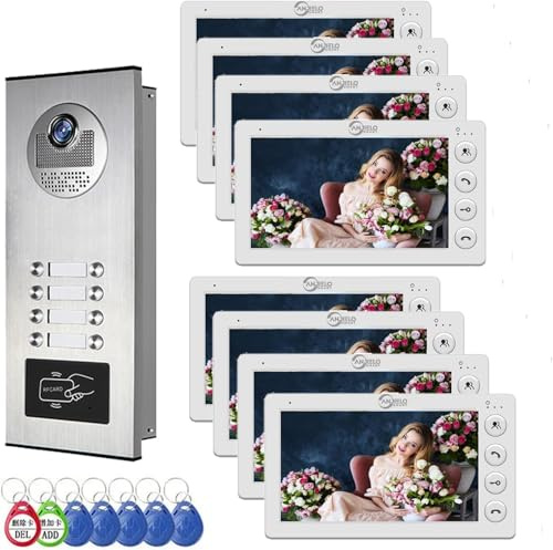 Wired Video Door Phone Intercom System, Door Entry System with 8 * 7 Inches Monitors,Indoor Outdoor Video Doorbell,Night Vision,2-Way Audio,Swipe Card Unlock for Home Apartment（1 Doorbell+8 Monitors）