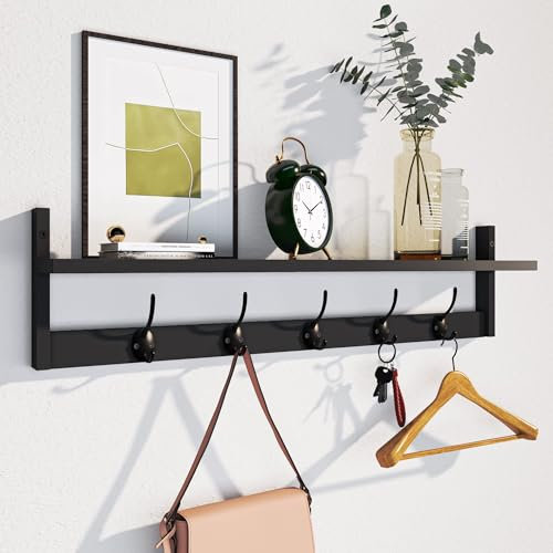 BAMEOS Wandmontiertes Regal mit Haken - 73,5 cm Eintrittsbereich-Aufbewahrungsregal mit 5 doppelten haken, Wohnzimmer, Schlafzimmer, Küche, Dekoration (Schwarz)