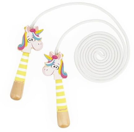 Janod - Corde à Sauter Réglable pour Enfants - Poignées Tetes de Licornes en Bois - 2m de Corde - Idéal pour Jouer en Extérieur et Activités de Plein air - Développe la Motricité - Dès 3 Ans - J03377
