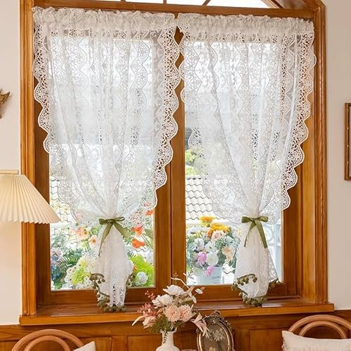 Devola Scheibengardinen Landhausstil Kurz Küchengardine Spitze Bistrogardine mit Stickerei Fenstergardinen Vintage Halbe Gardinen Fenster HxB 60x130cm Weiß 1 Stück