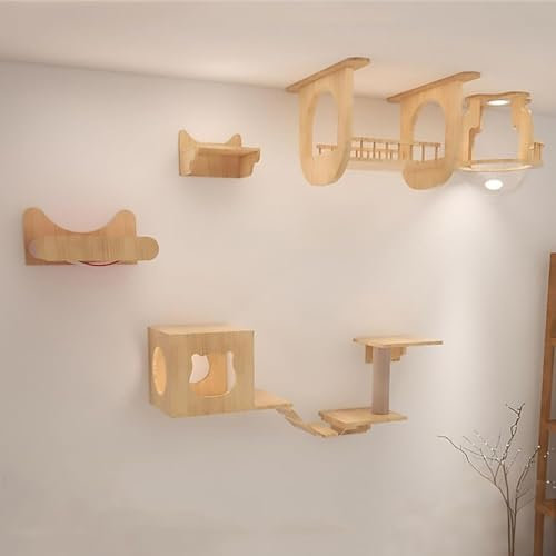 KEJIAWU Wandregale for Katzen mit Kletterwand, Wandmontierte Katzenmöbel mit Stufen und Liegeplatz - Bett for Indoor-Katzen(5PCS-A)