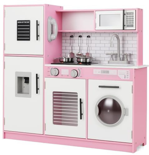 COSTWAY Cuisine Enfant avec Effets Sonores et Lumières, Jeu de Cuisine en Bois Enfant avec Machine à Laver & Micro-Ondes, Distributeur d'eau & Téléphone, Jouet de Simulation pour 3 Ans+ (Rose)