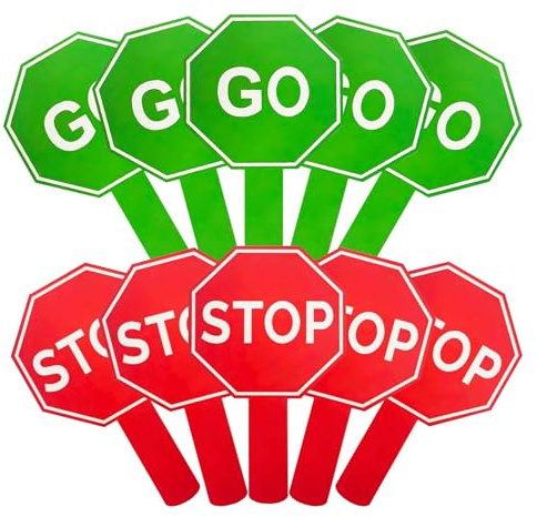 Segnale And Go - 10 Segnali Stradali - Paletta Avviso Impermeabile Doppia Faccia con Manico per Controllo Parcheggio Traffico e Attività Sicurezza Bambini