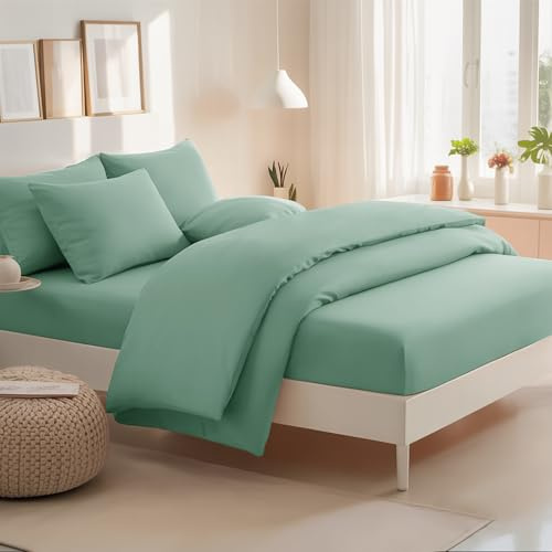 RUIKASI Super King Duvet Set 4 Piece Sage Green - Superking Bedding Sets Microfiber Duvet Cover with Fitted Sheet and Pillow Cases