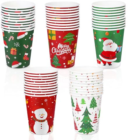 Vivantia 50 Pcs Christmas Paper Cups 9oz Disposable Cups, Hot Cold Drinks | Holiday Party Supplies, Santa Snowman Festive Patterns, Indoor Outdoor Use, Tableware, Family Gatherings, Event Decor