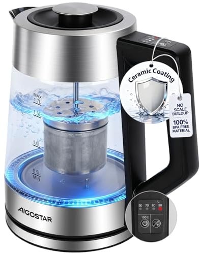 Aigostar Anti-Limescale Electric Kettle with Ceramic Coating - 2200W Fast Boil, 1.7L BPA-Free, Temperature Control & Keep Warm, LED Indicator, Includes Tea Infuser, Stainless Steel - Ceramia