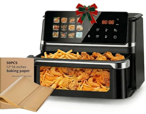 12 Litre Large capacity Air Fryer Viewing Window 12 cooking programs,2000W,ultra-crisp cooking technology,low-fat cooking,Dishwasher Safe,Includes 50 sheets of professional baking paper
