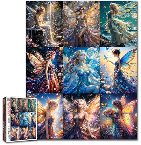 Puzzle de 1000 pièces pour adultes - Puzzle de fée enchantée - Collage de fées enchantées - Ailes magiques - Forêts au clair de lune et paysages naturels - Illustration colorée - Jeu familial - Cadeau