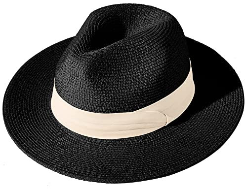 Lanzom - Sombrero de paja para mujer estilo Panamá, con ala ancha, plegable, para playa, con protección solar UPF50+, talla única-M