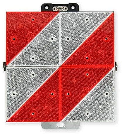 Kleine Park-Warntafel (285 mm x 285 mm) mit 8 rot-weißen Prismenrückstrahlern - auf Aluminium genietet - rechts- oder linksweisend - horizontal klappbar mit Drehwirbel zum Verschließen (linksweisend)