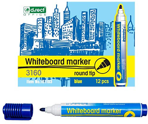 D.RECT 3160 Whiteboard Marker für Whiteboards und Flipcharts, abwischbar Glasboard Marker Rundspitze Schwarz x 12 Stück