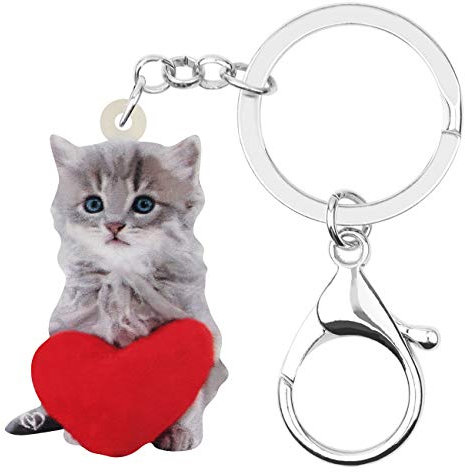 DUOWEI Porte-Clés Pour Chat Gris Porte-Clés En Acrylique Pour Animaux De Compagnie Décoration De Sac À Main Pour Femme Adolescente Cadeau À Breloques (Rouge Et Gris)