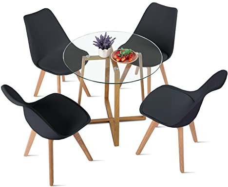 H.J WeDoo Esszimmergruppe Esstisch mit 4 Eiche Stühlen, Rund Esstisch Glas und 4 Stühle im nordischen Stil für Balkon & Esszimmer & Wohnzimmer, Schwarz