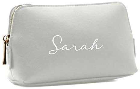 Kosmetiktasche personalisiert Name, Schminktasche, Kulturtasche für Damen, Geschenk Frauen, Schminke Beauty Make-Up, Brautjungfer, Mädchen Geburtstag (M, grau)