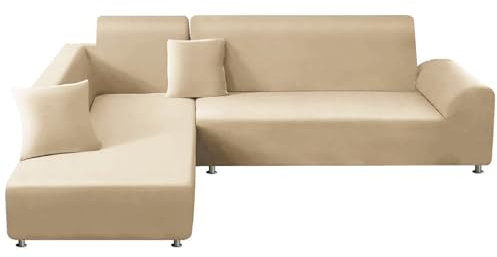 ShowyLive Sofa Überzug Couch Überzug 2er Set für Ecksofa L-Form Sofabezug 3 Sitzer+4 Sitzer, mit 2 Stück Kissenbezug, Beige
