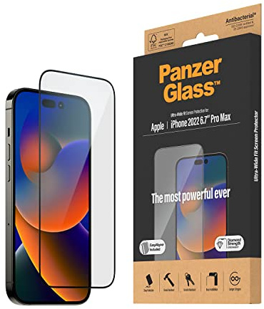 PanzerGlass™ Clear Glass Displayschutz für iPhone 14 Pro Max - Screen Protector aus Tempered Glas mit vollständigem Bildschirmschutz und Anti-Fingerprint Beschichtung - mit Positionierhilfe