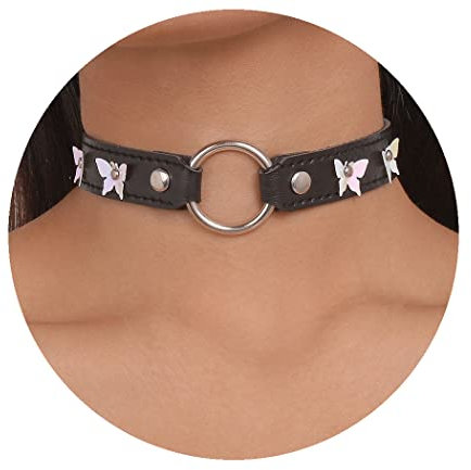 Flovel Punk Leder Halsband Gothic Schwarz PU Leder O Ring Halsband Schmetterling Harness Halloween Rave Party Schmuck für Frauen und Mädchen