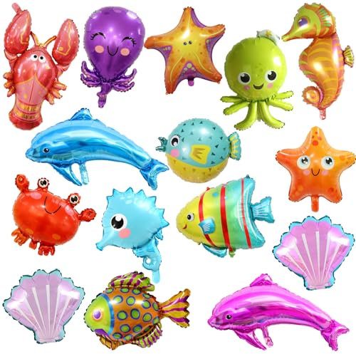 15 Stück Meerestier-Luftballons, TACYKIBD Unterwasser-Party-Dekorationen, Baby-Hai-Luftballons und Fisch-Luftballons für Kindergeburtstags-Dekorationen, Baby-Party-Dusche-Zubehör