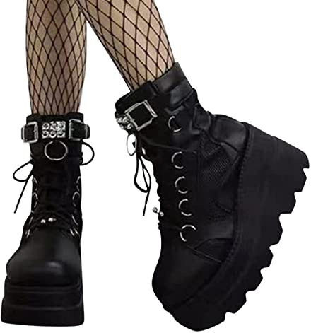 tinetill Bottes d'hiver Chaussures d'hiver pour Femmes Bottes à Lacets à Tige Courte Gothique Vintage Bottines Chaussures Plate-Forme Bottes Fermeture éclair Chaussures à Talons épais