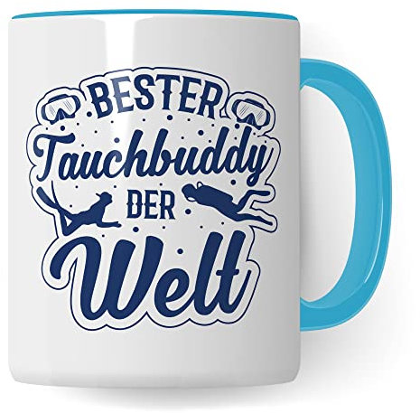 Tauchbuddy Tasse Geschenkidee Diving Kaffeetasse Geschenk für Taucher Taucherin Kaffeebecher Tauchen Becher (Weiß & Blau)