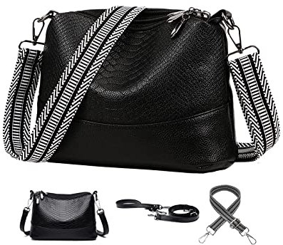 KUNKUN Handtasche Damen Umhängetasche Schwarz Mit Breiter Gurt Moderne Schultertasche Klein Leder Crossbody Bag Damen Mit 3 Austauschbaren Breiten Und Dünnen Schultergurten
