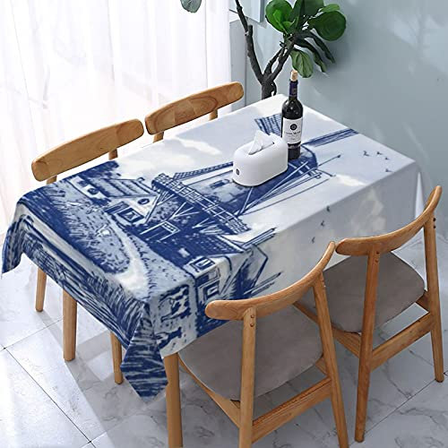 Rechteckige Wachstuch Blaue Nederland Niedliche Vintage Niederländische Windmühle Delft Wachstuchtischdecke Wasserdicht Wachstischdecke Abwaschbar Wachstischdecke Für Party Outdoor,137X183cm