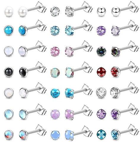 JeweBella 21 Paar Kleine Ohrstecker Chirurgenstahl für Damen Mädchen Zirkonia Opal Mondstein Türkis Schwarz Onyx Ohrstecker Set Hypoallergene Silber Ohrstecker Piercing Knorpel Ohrstecker Schmuck