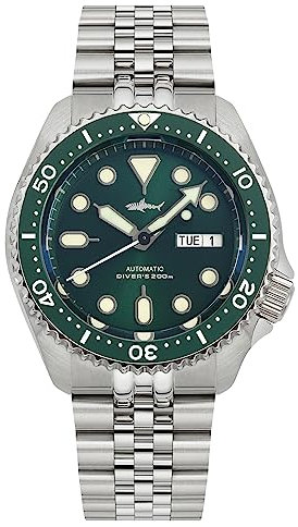 TACTICAL FROG Heimdallr SKX007 Uhren für Herren, NH36A Uhrwerk Saphirglas 200M Tauchen Automatikuhren C3 Leuchtend, Grünes Zifferblatt, 5 Glieder Armband