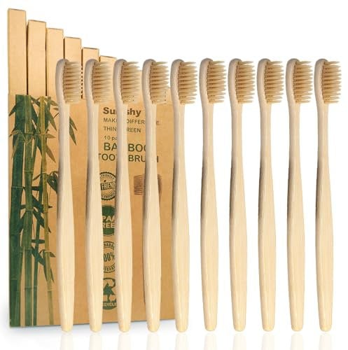 10er Pack Beige Bambus Zahnbürsten Weich | Natürliches Holzzahnbürste | BPA-freie Premium Bambus-Kohlefaser-Borsten | Vegan Biologisch Abbaubare & Kompostierbare Holzkohle-Zahnbürsten | Plastikfrei