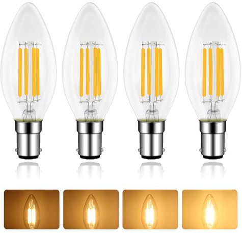 B15 LED Candle Bulb Dimmable, 4W Equivalent 40W Incandescent, Warm White 2700K, 400LM, AC 220-240V, B15d SBC LED Filament Candle Bulb, Small Bayonet Cap, for Chandeliers, Ceiling, 4 Pack