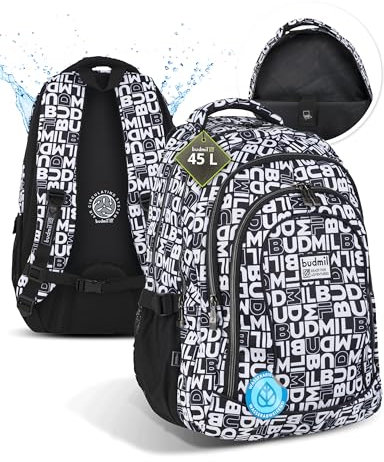 budmil Lynsey Schulrucksack für Jungen und Mädchen 45L - für Teenager Kinder ab Klasse 5 - wasserabweisend - Rucksack mit Laptopfach & 4 Fächer & belüftete Rückseite (Black & White)