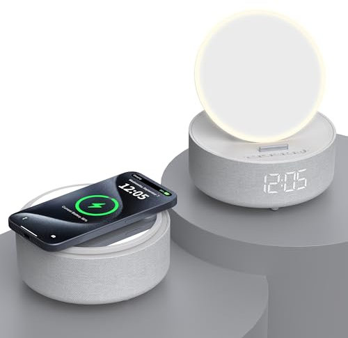 Bluetooth Speaker with LED Light Makeup Mirror, Wireless Charging Station for iPhone/Samsung, Stylish Multifunctional Automatic Clock Bedside Lamp Ideal for Home, Bedroom, Office & Gift