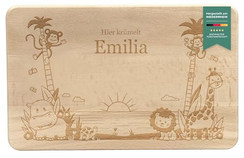 LAUBLUST Frühstücksbrettchen Kinder - Personalisiert mit Gravur - Dschungel Motiv - Geschenk Brettchen 24x15cm, Holz FSC®