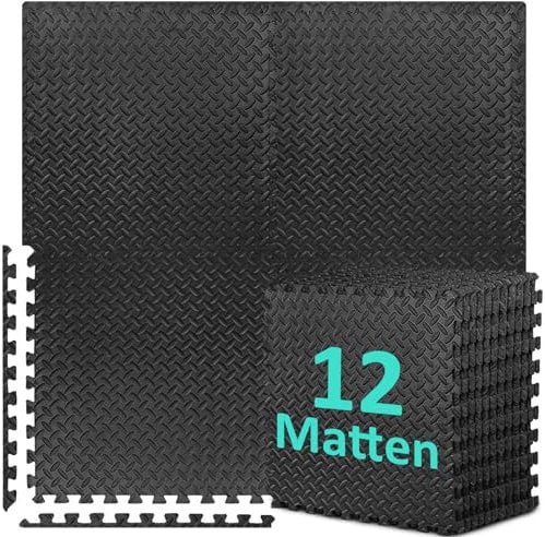 Bodenschutzmatte Fitness Set [61 x 61cm], 12/24/48 Puzzlematte, EVA Sportmatte Fitnessmatte Rutschfest, Gymnastikmatte Dicke 10mm, Bodenmatte für Fitnessgerät&Fitnessraum