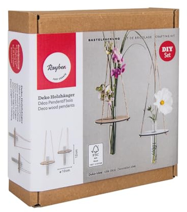 Rayher Reagenzgläser für Blumen, im Holzhänger, DIY-Set 2 Stück, Deko-Holzhänger, 2 Acryl-Reagenzgläser 12 cm, 2 Holzhänger 10 cm ø, FSC zertifiziert, 64619000
