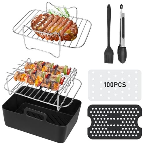 Air Fryer Accessories Set of 7 Silicone Air Fryer Liners for Ninja Dual AF300UK AF400UK Tower T17088, Including Silicone Air Fryer Paper Liner Racks Oil Brush Kitchen Tong