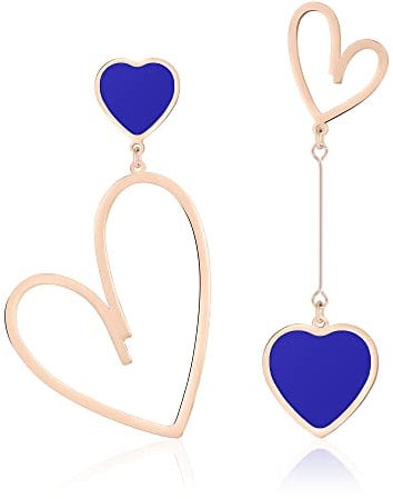 Linawe Rose Gold Heart Dangle Drop Earrings - Titanium Stainless Steel, Hypoallergenic Royal Blue, Asymmetrical Cute Love Earrings