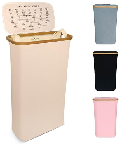 Nest Zest 60L Slim Laundry Basket with Lid, Washing Basket for Laundry, Hamper style Linen Bin with Care Guide & Removable Inner Bag, Dirty Clothes Bin with Sturdy Bamboo Rim and Oxford Fabric (Beige)