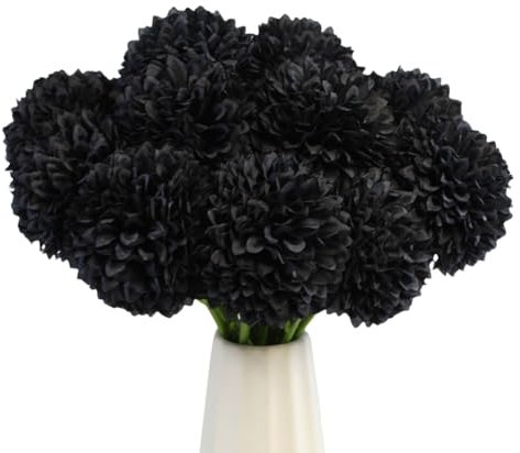 YGbridge Artificial Ball Chrysanthemums Flowers, 12PCS Artificial Black Silk Flowers, Faux Mums for Gothic Home Decor, Indoor Floral Arrangement, Halloween Table Centerpiece (12, Black)