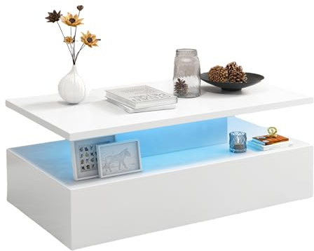 LIFEZEAL Couchtisch mit LED, Moderner Kaffeetisch mit 20 verschiedenen Leuchten, Wohnzimmertisch mit Fernbedienung, Sofatisch für Wohnzimmer & Büro, 110 x 60 x 40 cm (Weiß)