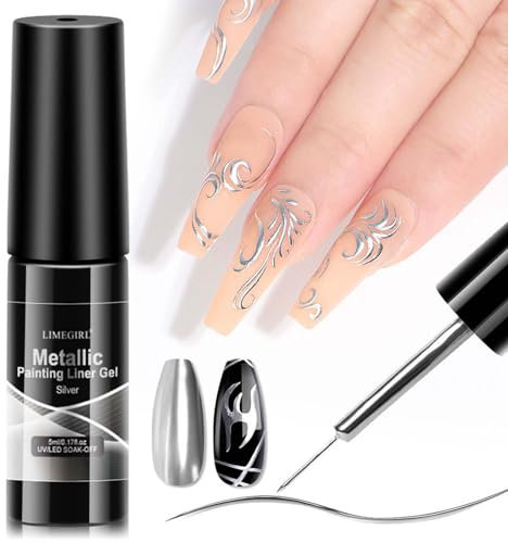 Mirror Chrome Gel Liner Nail Art - Silver 3D Effect Nail Art Gel Liner Nail Polish - Multi Manicure Painted Metallic Gel Nail Design - Built-In Thin Brush for Swirl Nail Liner Draw