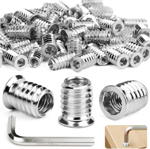 Ziamzra 40 tuercas atornillables M10, inserción roscada de madera, M10 x 25 mm, manguitos atornillables galvanizados, casquillos de rosca hexagonales para muebles de madera, acero, madera