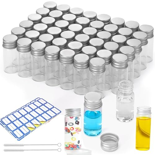 ZEEROQOLAB 60 Stück Reagenzglas Schraubverschluss Glasfläschchen 10ml | Kleine Glasflaschen mit Schraubverschluss und Kunststoffstopfen, Auslaufsichere, mit Bürste und Etiketten Selbstklebend