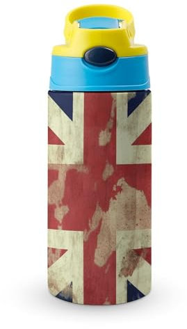 FZMVSQH Stainless Steel Travel Cup Water Bottle Vintage Union Jack British Flag Printed Vacuum Insulated Water Bottle - 12 Oz - With Straw Handle And Leak-Proof Pop-Up Spout Cover