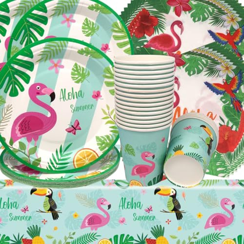 Doyomtoy Hawaii Geburtstag Deko, Flamingo Partygeschirr Geburtstag Party Set Geburtstagsteller Tassen Servietten Flamingo Geburtstags für Karneval Party Decoration 20 Gäste
