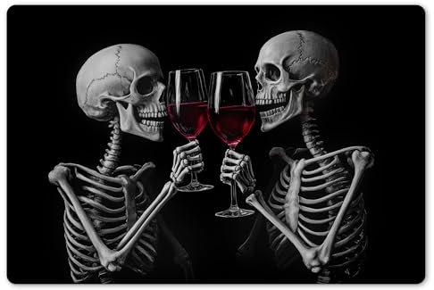 KitchenYeah© Platzsets Abwaschbare Placemats Set 6 45x30 cm Tischsets Platzdeckchen Platzset Tischset Esstisch Telleruntersetzer Waschbar Totenköpfe - Wein - Prost - Totenkopf - Schwarz